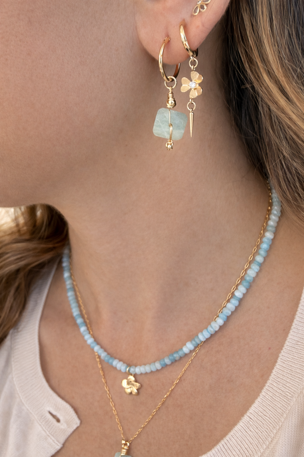 עגילי טל | אבן אקוומרין מרובעת