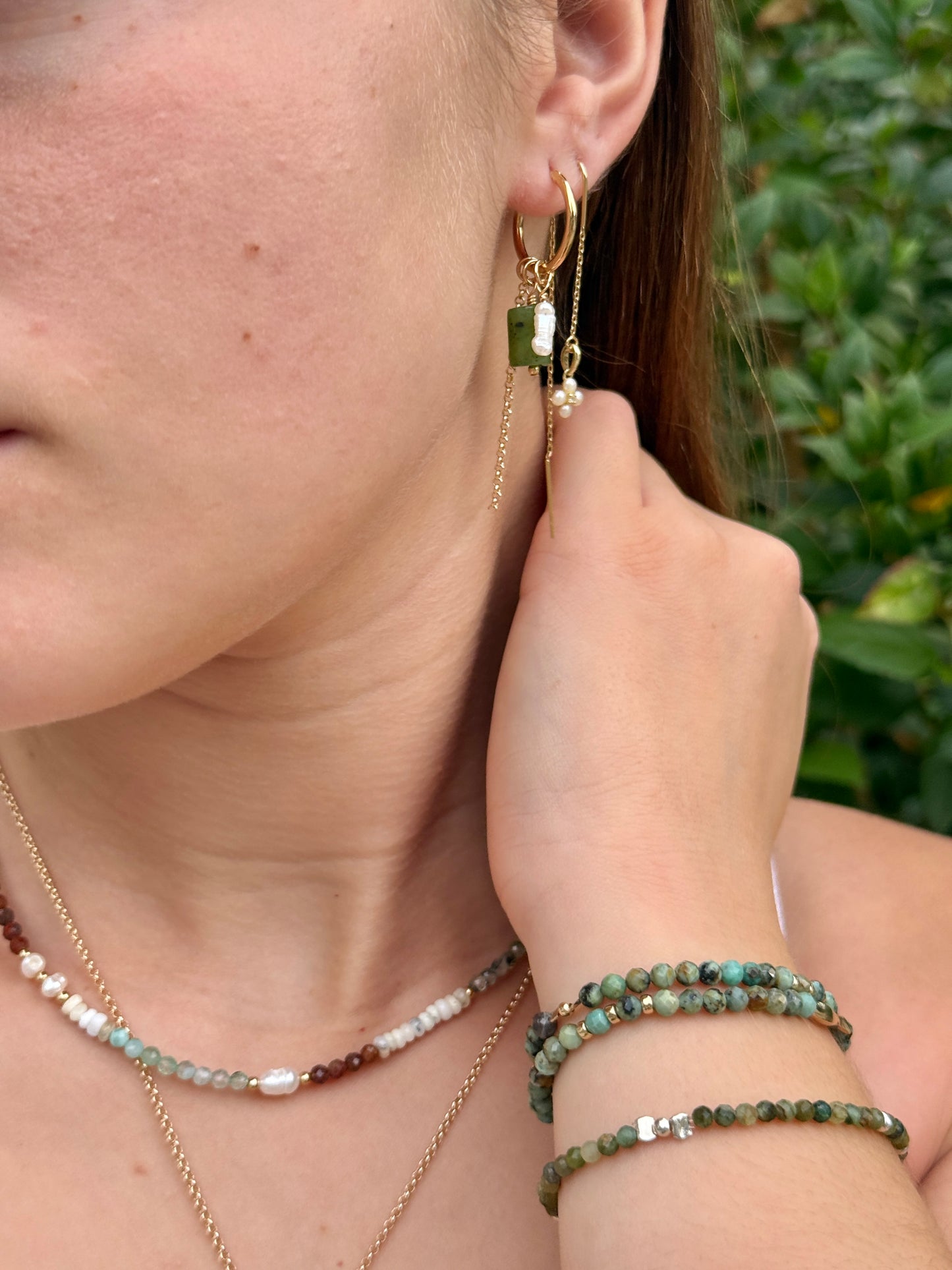 עגילי לירי | עגילי שרשרת תלויים  תליון פרח פנינה