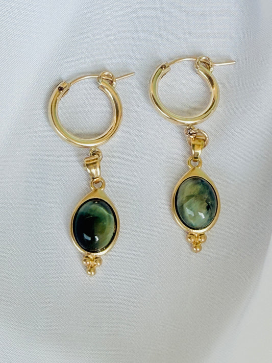 עגילי תומר | עגילי חישוק עין נמר ירוק