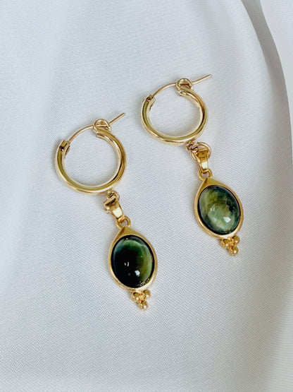 עגילי תומר | עגילי חישוק עין נמר ירוק