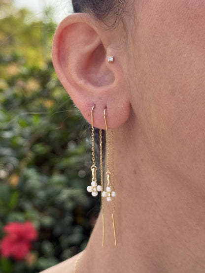 עגילי לירי | עגילי שרשרת תלויים  תליון פרח פנינה