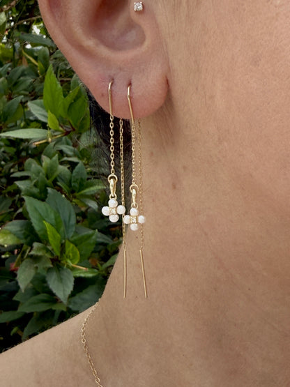 עגילי לירי | עגילי שרשרת תלויים  תליון פרח פנינה