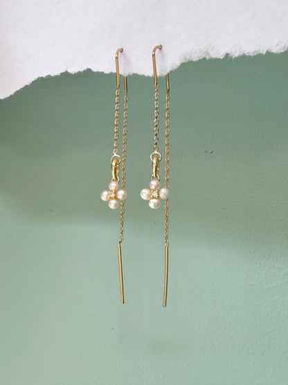 עגילי לירי | עגילי שרשרת תלויים  תליון פרח פנינה