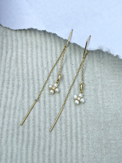 עגילי לירי | עגילי שרשרת תלויים  תליון פרח פנינה